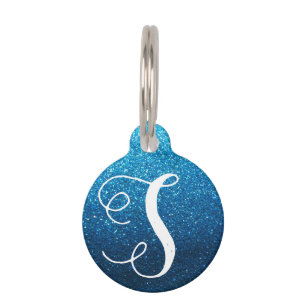 Aqua Blue Glitzer Monogram Cat Nametag Info Haustiermarke