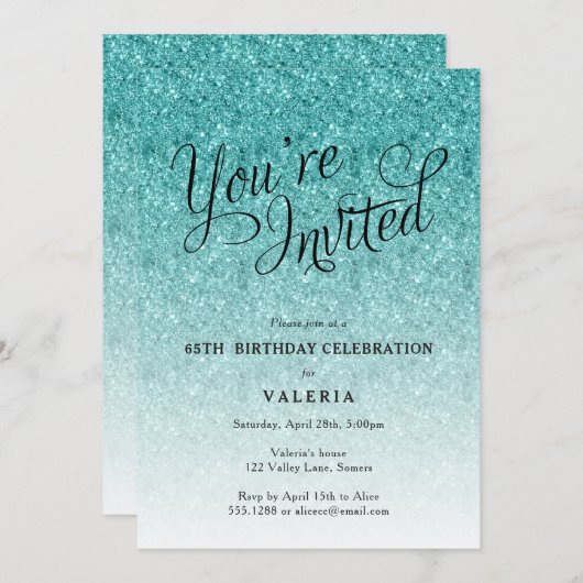 Aqua Blue Glitzer Sie sind eingeladen Party Einladung (Vorne/Hinten)