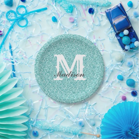 Aqua Blue Glitzer & Sparkle Monogram Paper Plate Pappteller (Party)