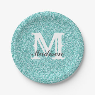 Aqua Blue Glitzer & Sparkle Monogram Paper Plate Pappteller