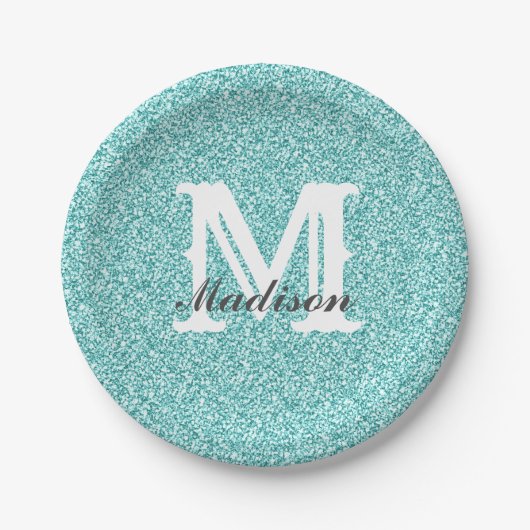 Aqua Blue Glitzer & Sparkle Monogram Paper Plate Pappteller (Vorderseite)