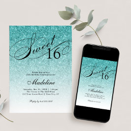 Aqua Blue Glitzer Sweet 16 Extravagant Script Einl Einladung