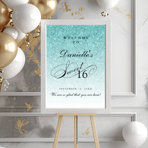 Aqua Blue Glitzer Sweet 16 Personalisierter Empfan Poster