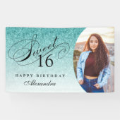 Aqua Blue Glitzer Sweet 16 Personalisiertes Foto Banner (Horizontal)