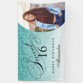 Aqua Blue Glitzer Sweet 16 Personalisiertes Foto Banner (Vertikal)