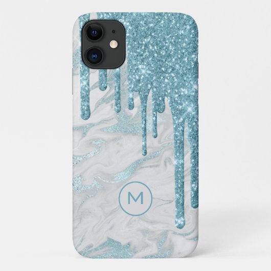 Aqua Blue Glitzer Tropfen Mit Monogramm Case-Mate iPhone Hülle (Rückseite)