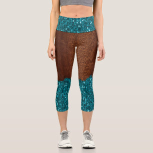 Aqua Blue Glitzern Glitzer rustikales braunes Holz Capri Leggings