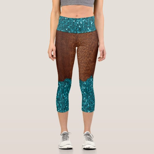 Aqua Blue Glitzern Glitzer rustikales braunes Holz Capri Leggings (Vorderseite)