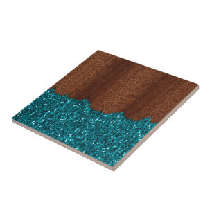 Aqua Blue Glitzern Glitzer rustikales braunes Holz Fliese