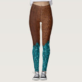 Aqua Blue Glitzern Glitzer rustikales braunes Holz Leggings (Vorderseite)