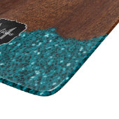 Aqua Blue Glitzern Glitzer rustikales Holz Monogra Schneidebrett (Ecke)