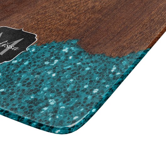 Aqua Blue Glitzern Glitzer rustikales Holz Monogra Schneidebrett (Ecke)