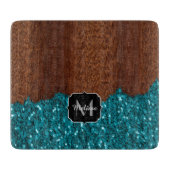 Aqua Blue Glitzern Glitzer rustikales Holz Monogra Schneidebrett (Vorderseite)