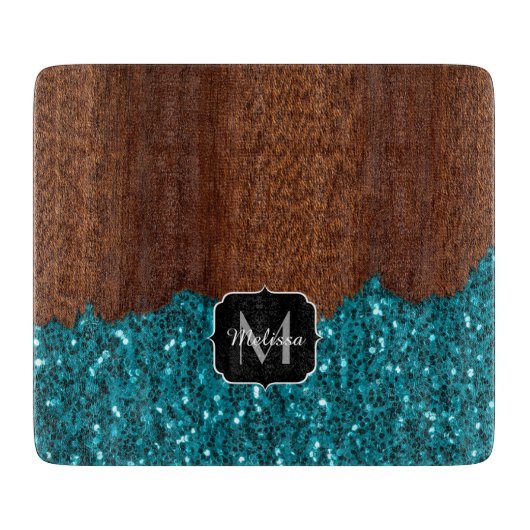 Aqua Blue Glitzern Glitzer rustikales Holz Monogra Schneidebrett (Vorderseite)
