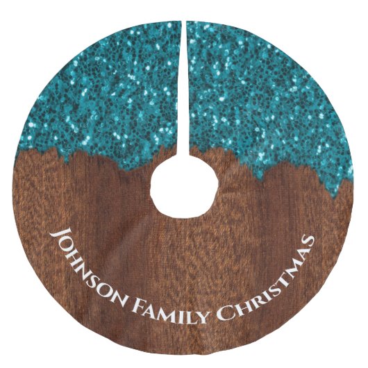 Aqua blue Glitzern rustikale braune Familienname B Polyester Weihnachtsbaumdecke (Vorderseite)