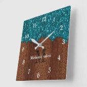 Aqua blue Glitzern rustikales wood Salon Monogram Quadratische Wanduhr (Winkel)