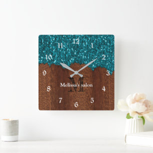 Aqua blue Glitzern rustikales wood Salon Monogram Quadratische Wanduhr