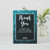 Aqua Blue Glitzern Sweet 16 elegante Schrift Dankeskarte (Stehend Vorderseite)