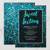 Aqua Blue Glitzern Sweet 16 elegante Schrift Einladung (Vorne/Hinten)