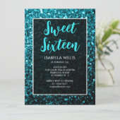 Aqua Blue Glitzern Sweet 16 elegante Schrift Einladung (Stehend Vorderseite)
