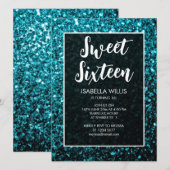 Aqua Blue Glitzern Sweet 16 elegante Schrift Einladung (Vorne/Hinten)
