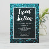 Aqua Blue Glitzern Sweet 16 elegante Schrift Einladung (Stehend Vorderseite)