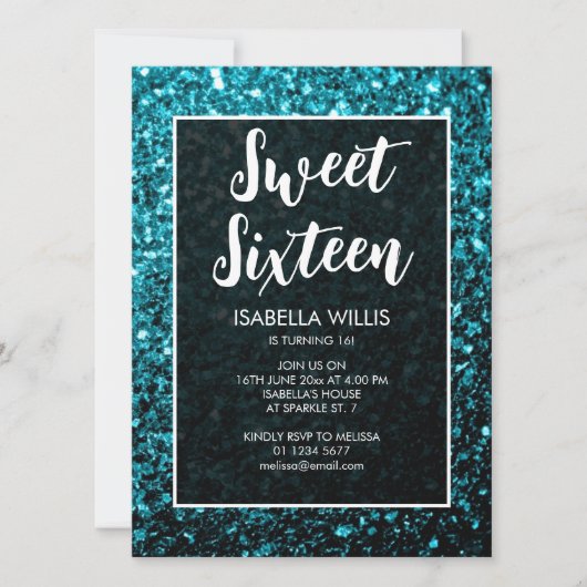 Aqua Blue Glitzern Sweet 16 elegante Schrift Einladung (Vorderseite)