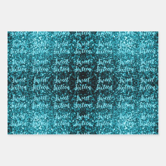 Aqua Blue Glitzern Sweet 16 elegantes Skriptmuster Geschenkpapier Set (Vorderseite 2)