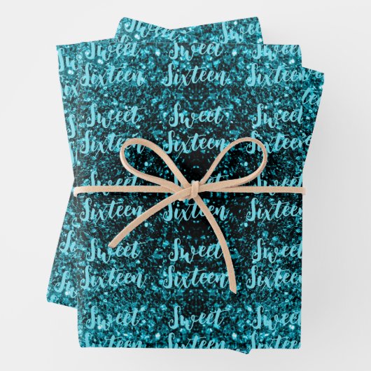 Aqua Blue Glitzern Sweet 16 elegantes Skriptmuster Geschenkpapier Set (Beispiel)