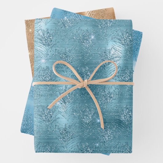Aqua Blue Glitzy Glitzer Peacock Feathers Geschenkpapier Set (Beispiel)