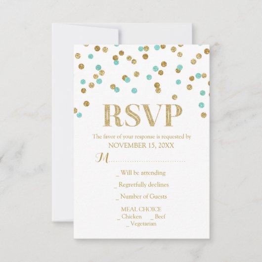 Aqua Blue Gold Confetti Wedding RSVP Cards Karte (Vorderseite)