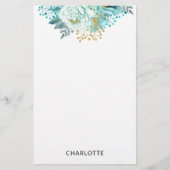 Aqua Blue Gold Floral Personalisiert Stationery Briefpapier (Vorderseite)