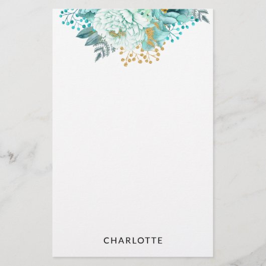 Aqua Blue Gold Floral Personalisiert Stationery Briefpapier (Vorderseite)