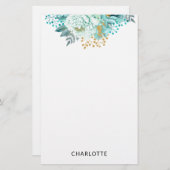 Aqua Blue Gold Floral Personalisiert Stationery Briefpapier (Vorne/Hinten)