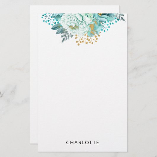 Aqua Blue Gold Floral Personalisiert Stationery Briefpapier (Vorne/Hinten)