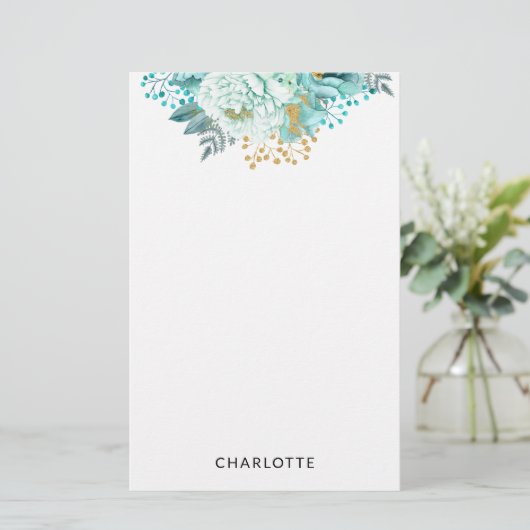 Aqua Blue Gold Floral Personalisiert Stationery Briefpapier (Stehend Vorderseite)