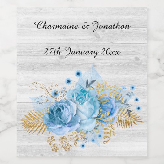 AQUA BLUE GOLD FLORAL RUSTIC WEINETIKETT (Einzelnes Label)
