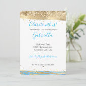 Aqua Blue Gold Glitzer Confetti Animal Print Einladung (Stehend Vorderseite)