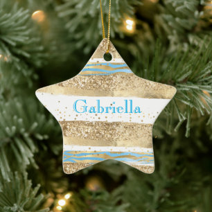 Aqua Blue Gold Glitzer Confetti Zebra Keramik Ornament