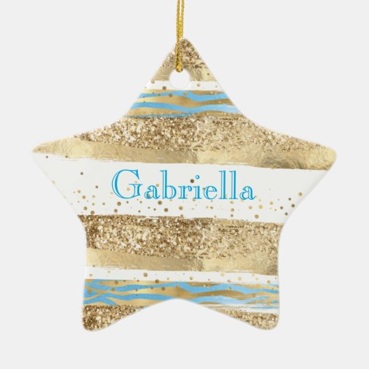 Aqua Blue Gold Glitzer Confetti Zebra Keramik Ornament (Vorne)