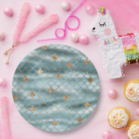 Aqua Blue Gold Glitzer Mermaid Pappteller (Party)