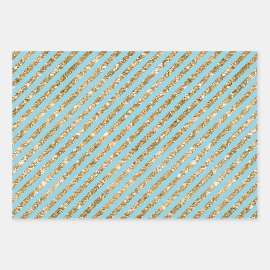 Aqua Blue Gold Glitzer Streifen Geschenkpapier Set (Vorderseite 2)
