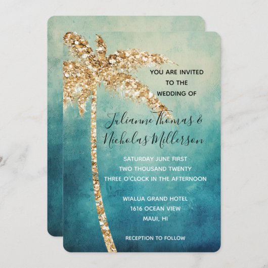 Aqua Blue Gold Glitzer Tropical Palm Tree Wedding Einladung (Vorne/Hinten)
