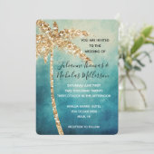 Aqua Blue Gold Glitzer Tropical Palm Tree Wedding Einladung (Stehend Vorderseite)