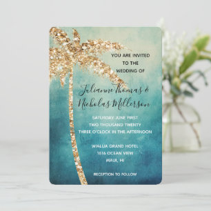 Aqua Blue Gold Glitzer Tropical Palm Tree Wedding Einladung