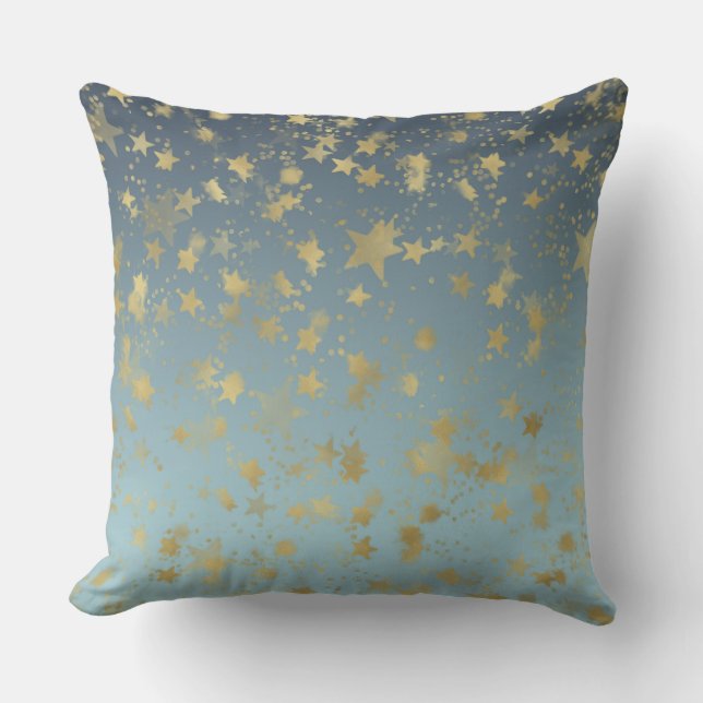 Aqua Blue Gold Ombre Stars Kissen (Vorderseite)