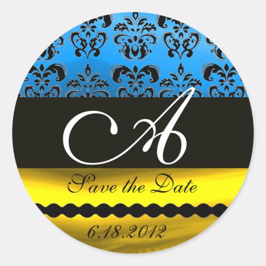 AQUA BLUE GOLD SCHWARZ-WEISS DAMASK MONOGRAMM RUNDER AUFKLEBER (Vorderseite)