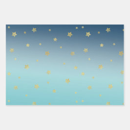 Aqua Blue Gold Stars Geschenkpapier Set