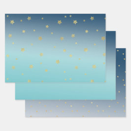Aqua Blue Gold Stars Geschenkpapier Set