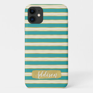Aqua Blue Gold Streifen Muster Individuelle Name Case-Mate iPhone Hülle